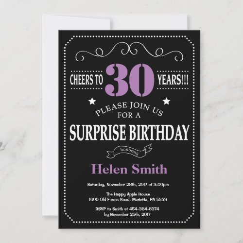 Surprise 30th Birthday Invitation Purple and Black
