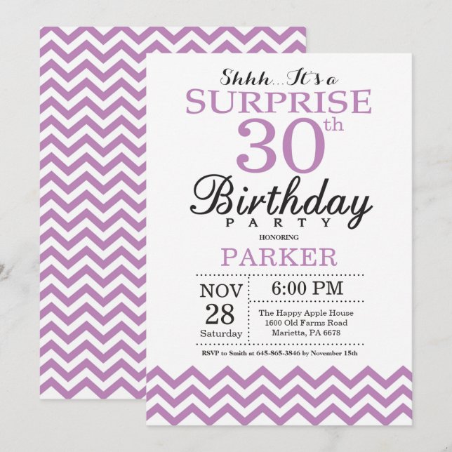 Surprise 30th Birthday Invitation Purple Chevron (Front/Back)