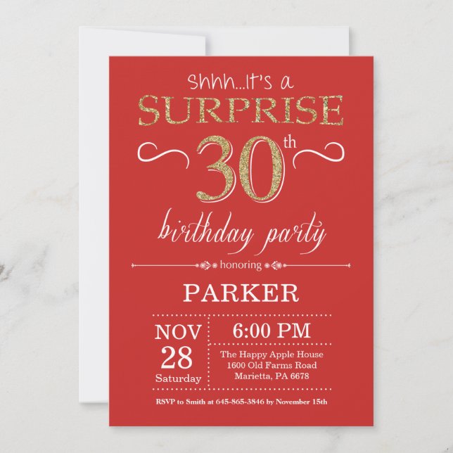 Surprise 30th Birthday Invitation Red and Gold (Front)
