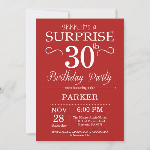 Surprise 30th Birthday Invitation Red and White