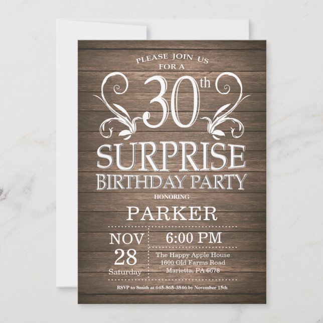 Surprise 30th Birthday Invitation Rustic Wood (Front)