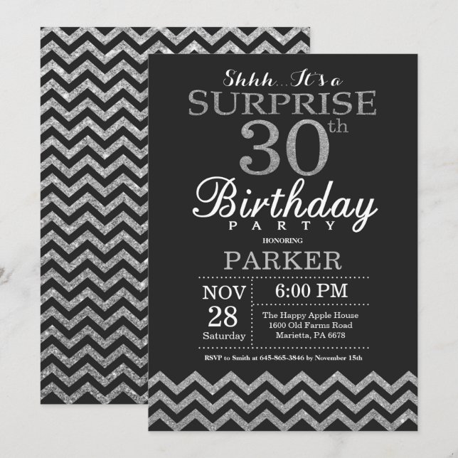 Surprise 30th Birthday Invitation Silver Glitter (Front/Back)