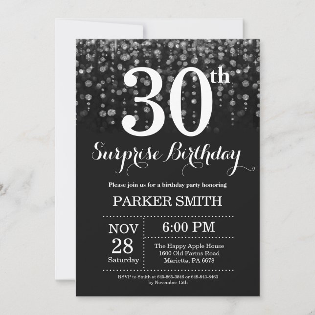 Surprise 30th Birthday Invitation Silver Glitter (Front)