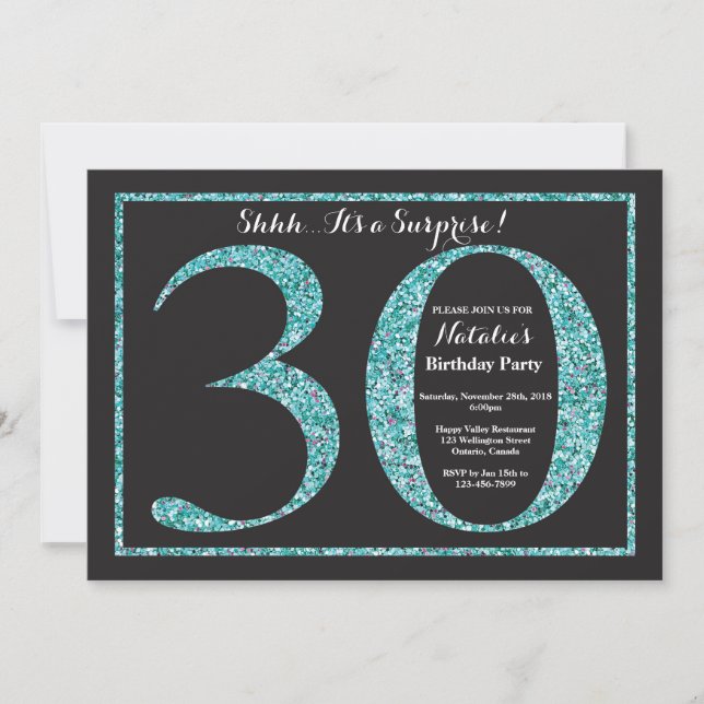 Surprise 30th Birthday Invitation Teal Glitter (Front)