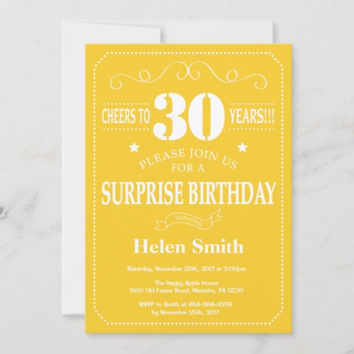 Surprise 30th Birthday Invitation Yellow and White