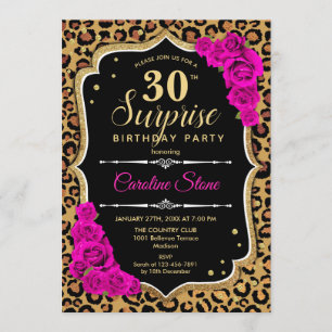 Surprise 30th Birthday - Leopard Black Gold Pink Invitation