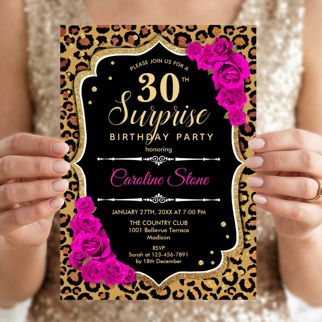 Surprise 30th Birthday - Leopard Black Gold Pink Invitation (Creator Uploaded)