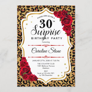 Surprise 30th Birthday - Leopard Gold White Red Invitation