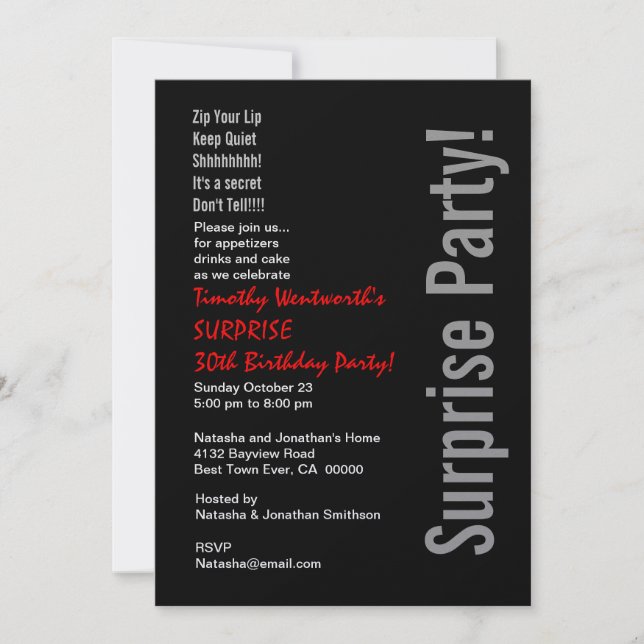 SURPRISE 30th Birthday Modern Black Silver Red Invitation (Front)