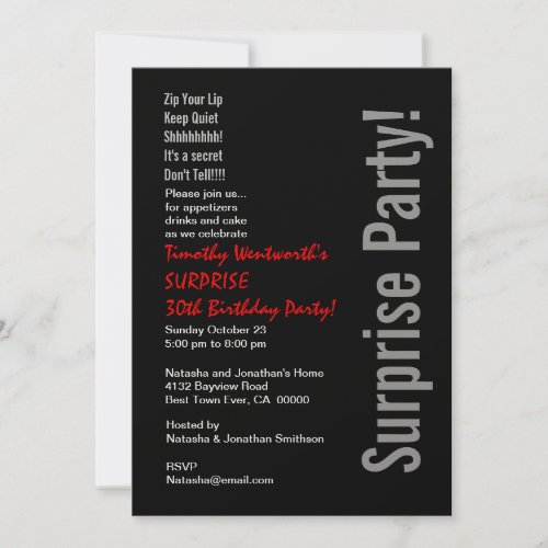 SURPRISE 30th Birthday Modern Black Silver Red Invitation