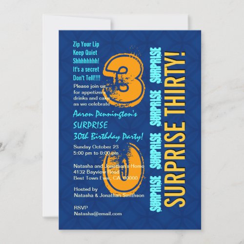 SURPRISE 30th Birthday Modern Blue and Gold F544 Invitations