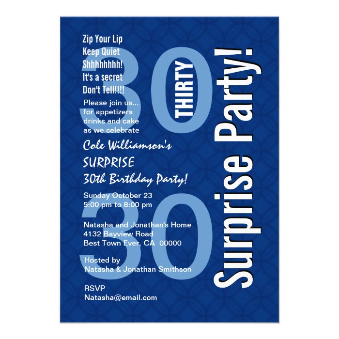 SURPRISE 30th Birthday Modern Royal Blue R600 Personalized Invites