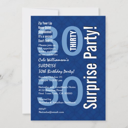 SURPRISE 30th Birthday Modern Royal Blue R600 Invitation