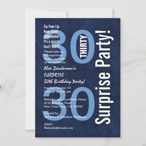 SURPRISE 30th Birthday Modern Royal Blue R601 Personalized Invite