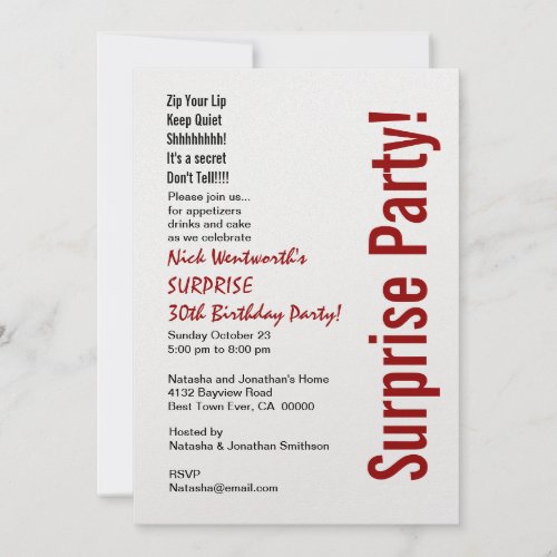 SURPRISE 30th Birthday Modern White Red Black Personalized Announcement