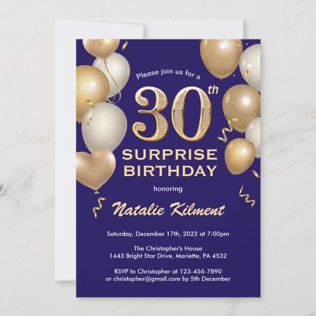 Surprise 30th Birthday Navy Blue and Gold Balloons Invitation (Front)
