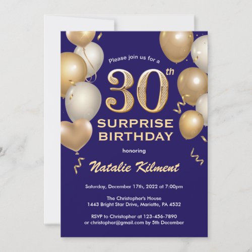 Surprise 30th Birthday Navy Blue and Gold Balloons Invitation