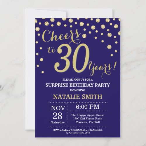 Surprise 30th Birthday Navy Blue and Gold Diamond Invitation