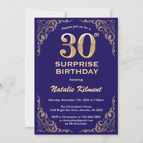 Surprise 30th Birthday Navy Blue and Gold Glitter Invitation