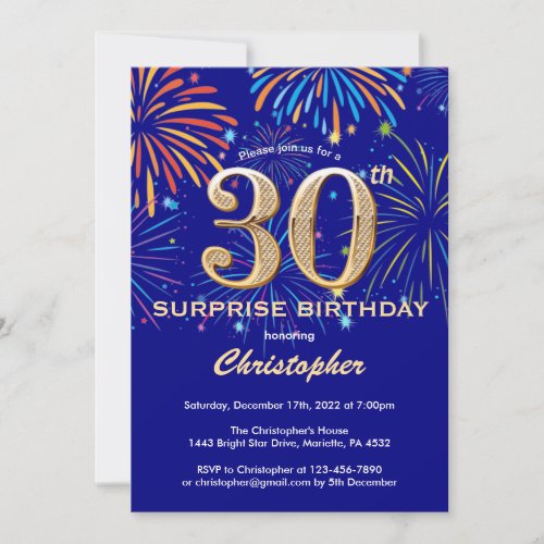 Surprise 30th Birthday Navy Blue  Gold Firework Invitation