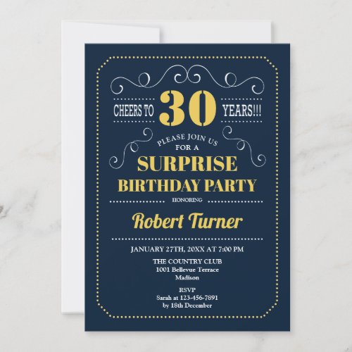 Surprise 30th Birthday _ Navy Blue Gold Invitation