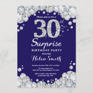 Surprise 30th Birthday Navy Blue Silver Diamond Invitation