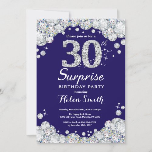 Surprise 30th Birthday Navy Blue Silver Diamond Invitation