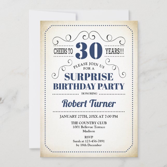 Surprise 30th Birthday - Navy Blue White Black Invitation (Front)