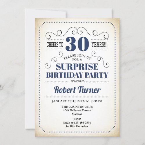 Surprise 30th Birthday _ Navy Blue White Black Invitation