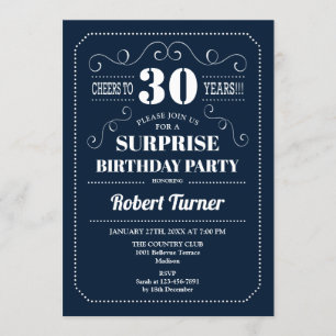 Surprise 30th Birthday - Navy Blue White Invitation