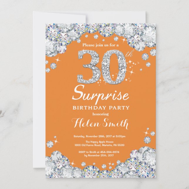 Surprise 30th Birthday Orange and Silver Diamond Invitation (Front)