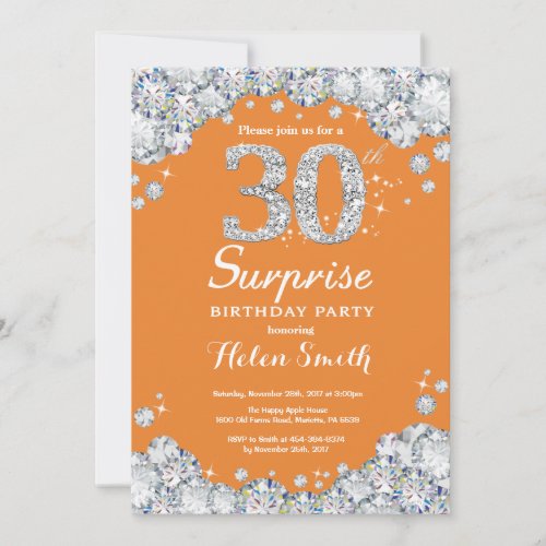 Surprise 30th Birthday Orange and Silver Diamond Invitation