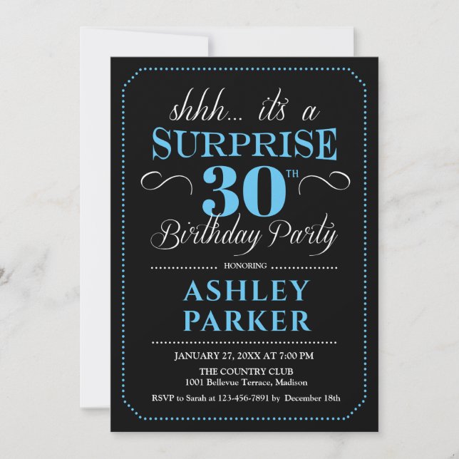 Surprise 30th Birthday Party - Black Blue Invitation (Front)