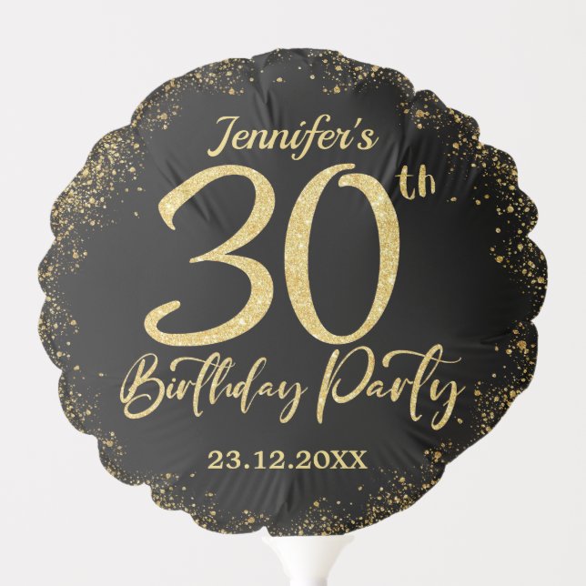 Surprise 30th Birthday Party Black & Gold Glitter Balloon (Front)