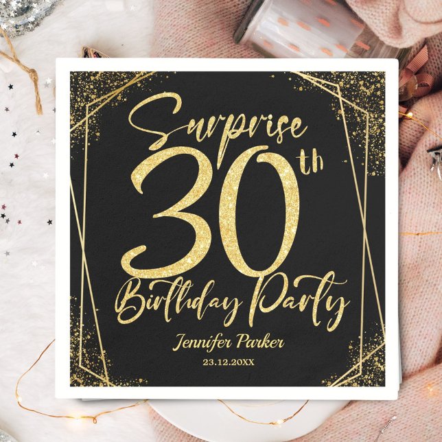Surprise 30th Birthday Party Black & Gold Glitter Napkins (Creator Uploaded)