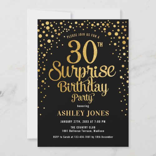 Surprise 30th Birthday Party _ Black  Gold Invitation