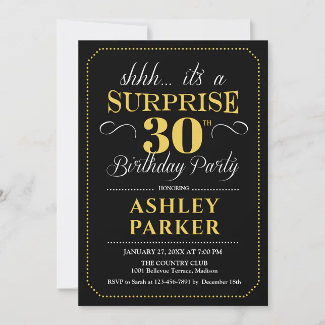 Surprise 30th Birthday Party - Black Gold Invitation | Zazzle