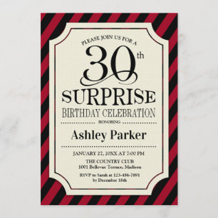 Surprise 30th Birthday Party - Black Red Stripes Invitation
