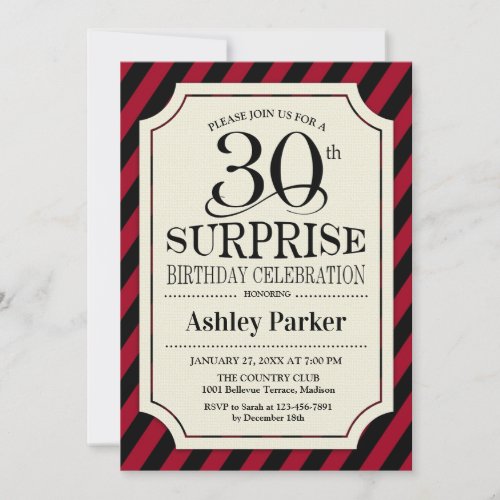 Surprise 30th Birthday Party _ Black Red Stripes Invitation