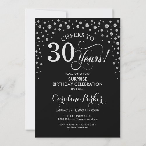 Surprise 30th Birthday Party _ Black Silver Invitation