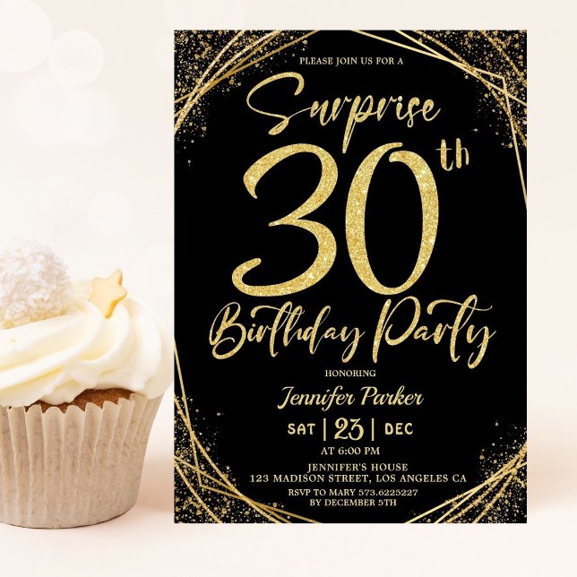 Surprise 30th Birthday Party Chic Black & Gold  Invitation (Creator Uploaded)