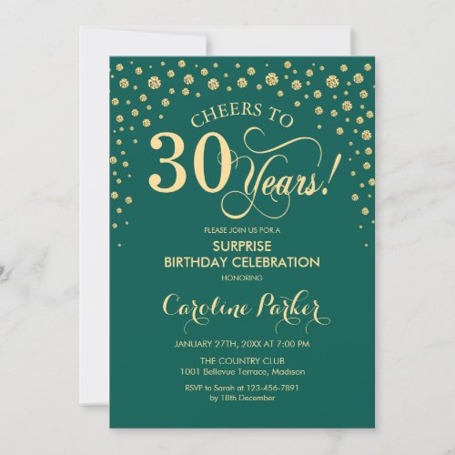 Surprise 30th Birthday Party _ Emerald Green Gold Invitation