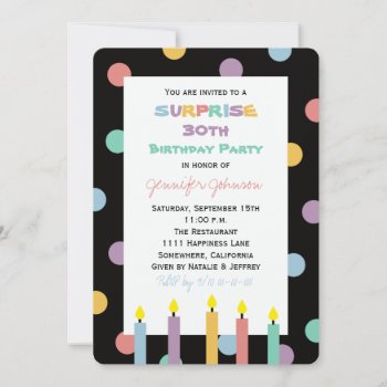 Surprise 30th Birthday Party Five Pretty Candles Invitation by henishouseofpaper at Zazzle