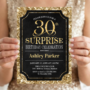 Surprise 30th Birthday Party - Gold Black Invitation