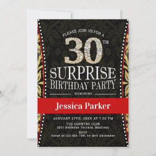 Surprise 30th Birthday Party - Gold Black Red Invitation