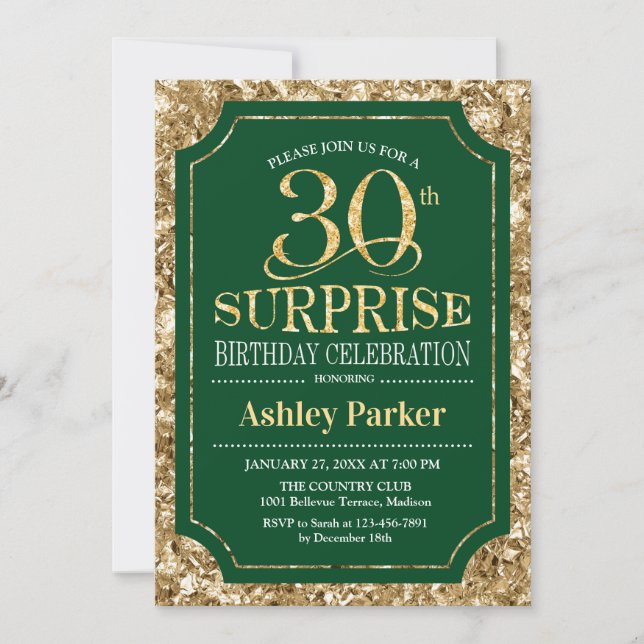 Surprise 30th Birthday Party - Gold Green Invitation (Front)
