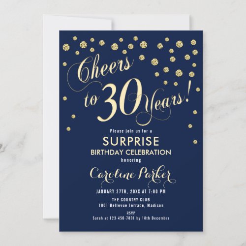 Surprise 30th Birthday Party _ Gold Navy Invitation