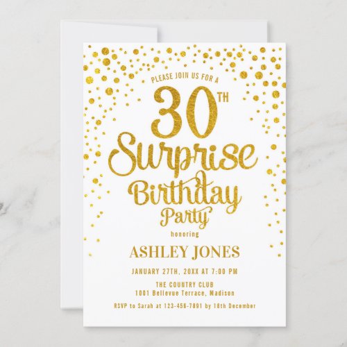 Surprise 30th Birthday Party _ Gold  White Invitation