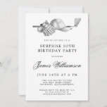 SURPRISE 30th Birthday Party Golf Theme Invitation<br><div class="desc">Elegant black and white birthday invitation for a golfer. The top of the invitation is decorated with golf accessories - a golf club, golf ball, hat and gloves. The watercolor design creates a traditional and classic aesthetic. Perfect for a birthday bash at the club or a backyard BBQ. All of...</div>