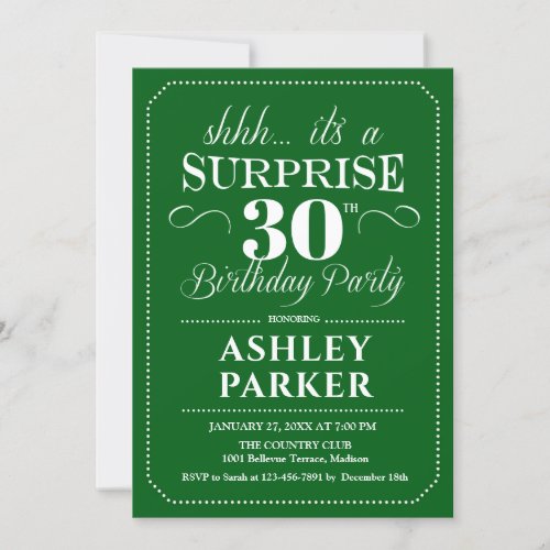 Surprise 30th Birthday Party _ Green White Invitation